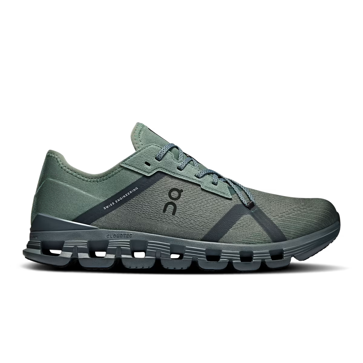 Side view on white background of Mens On Cloud X 4 AD running shoe in Olive/Stone, Medium (Regular) width