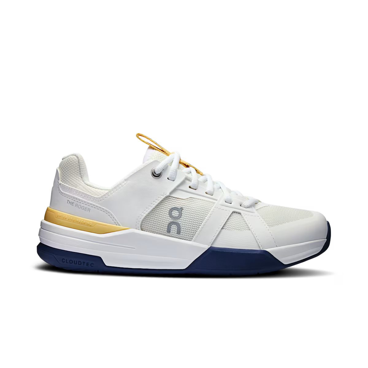 Side view on white background of Youth On The Roger Clubhouse Pro running shoe in White/Currant, Medium (Regular) width