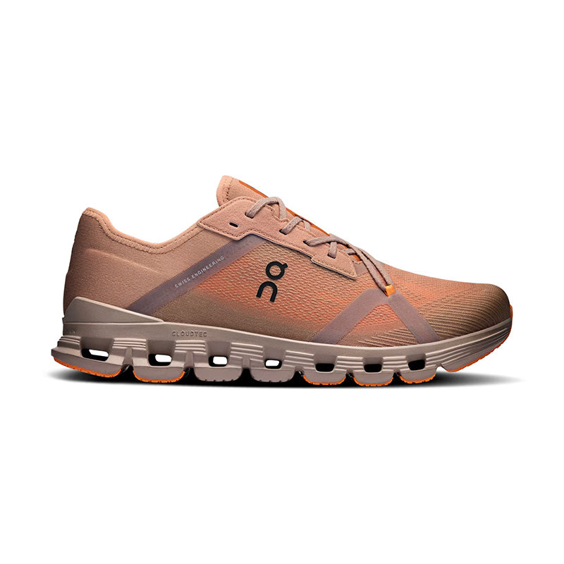 Side view on white background of Mens On Cloud X 4 AD running shoe in Rosebrown/Tangerine, Medium (Regular) width