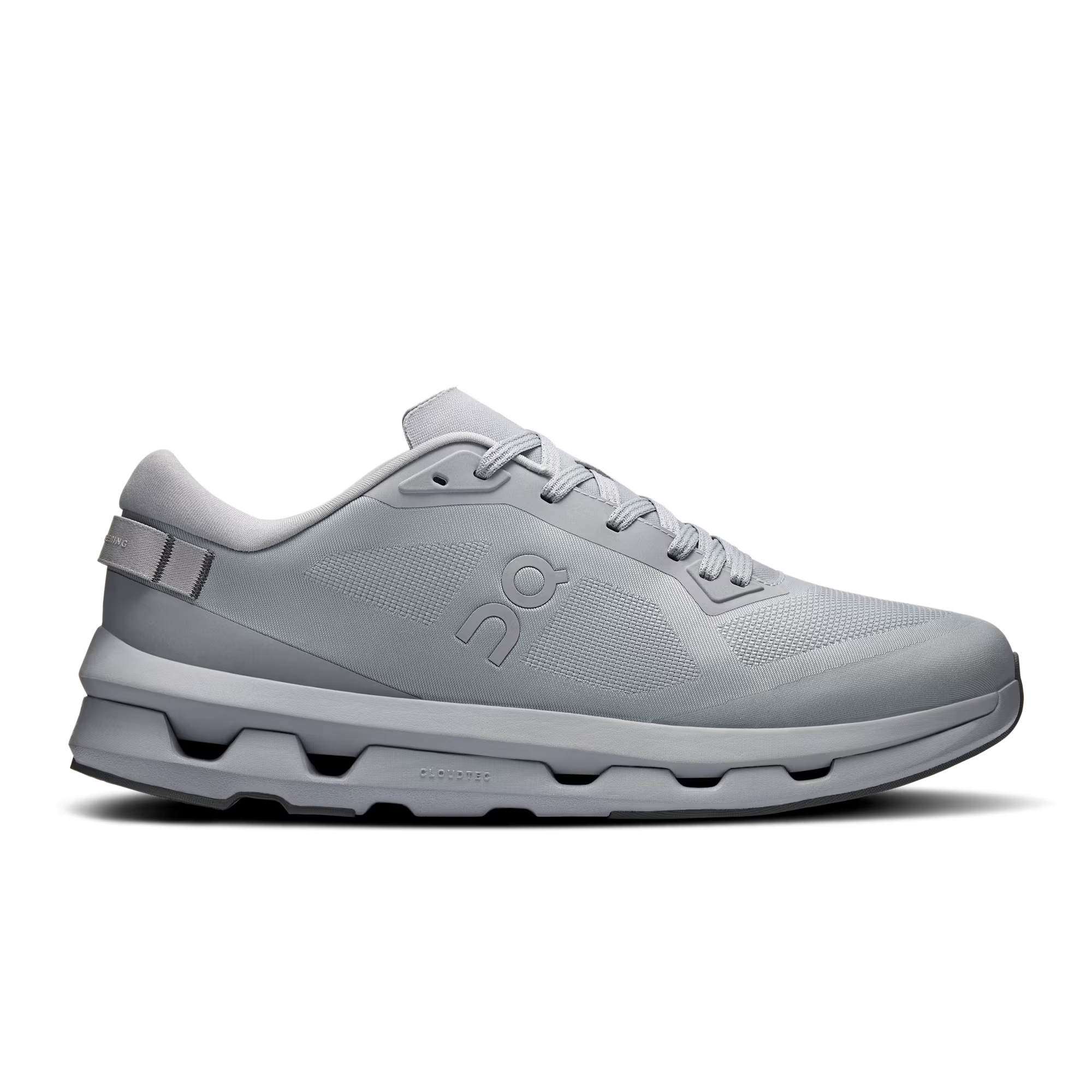 Side view on white background of Mens On Cloudzone running shoe in Alloy/Rock, Medium (Regular) width