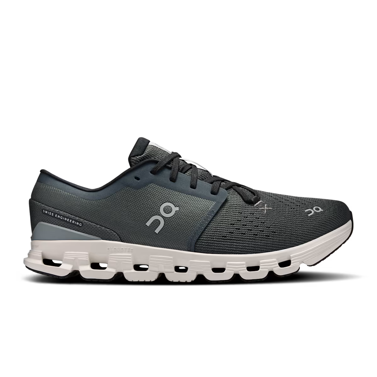 Side view on white background of Mens On Cloud X 4 running shoe in Shadow/Apollo, Medium (Regular) width