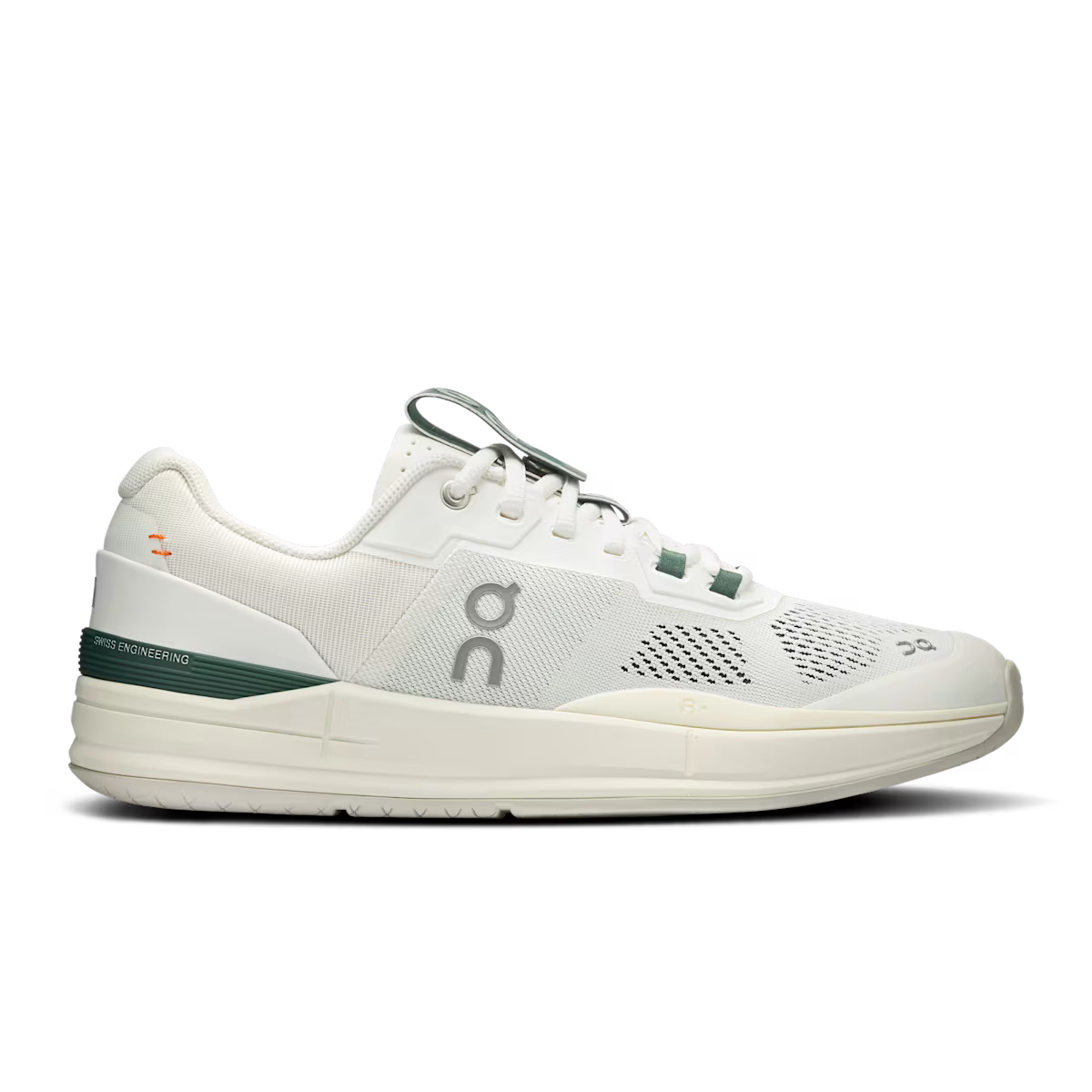 Side view on white background of Mens On The Roger Pro running shoe in White/Evergreen, Medium (Regular) width