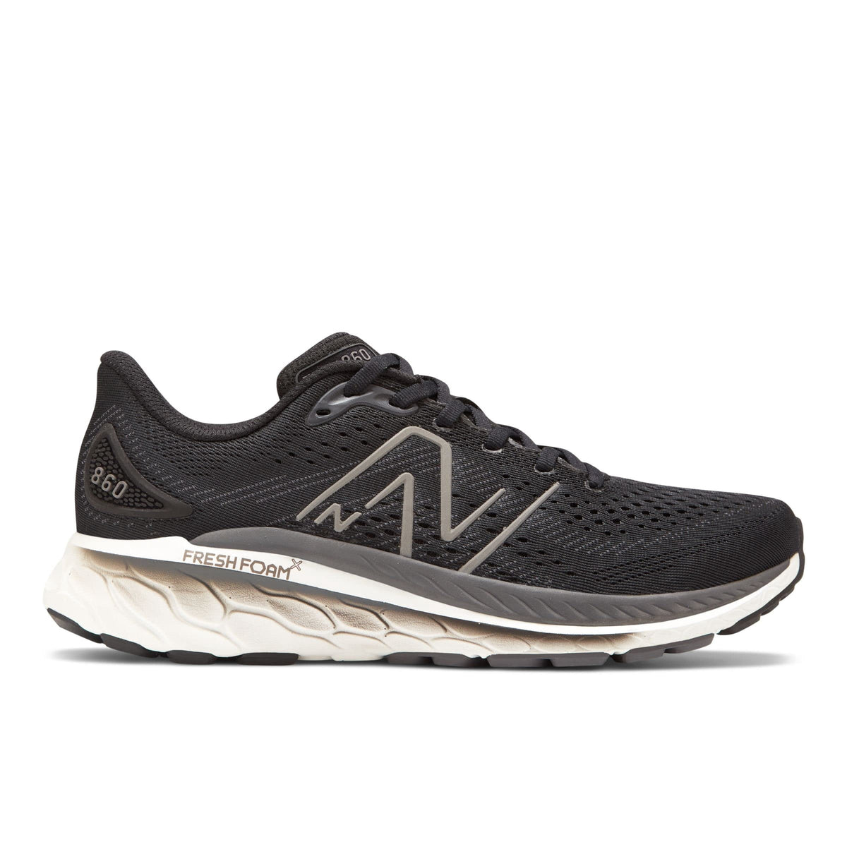 Side view on white background of Mens New Balance Fresh Foam X 860v13 running shoe in Black/White/Magnet, Wide width