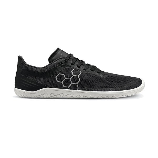 Side view on white background of Womens Vivobarefoot Geo Racer II running shoe in Obsidian, Medium (Regular) width