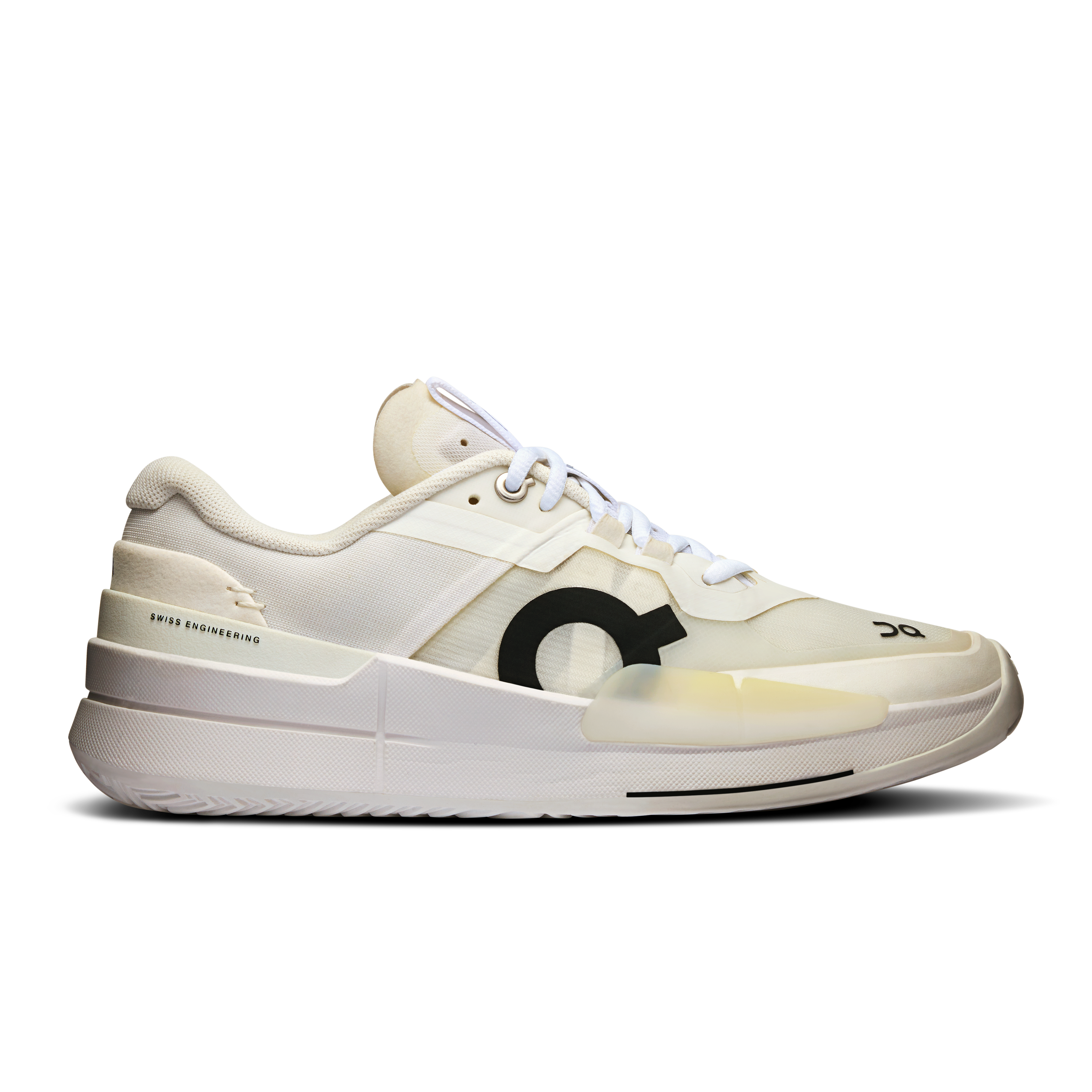 Side view on white background of Womens On The Roger Pro 2 running shoe in All White, Medium (Regular) width