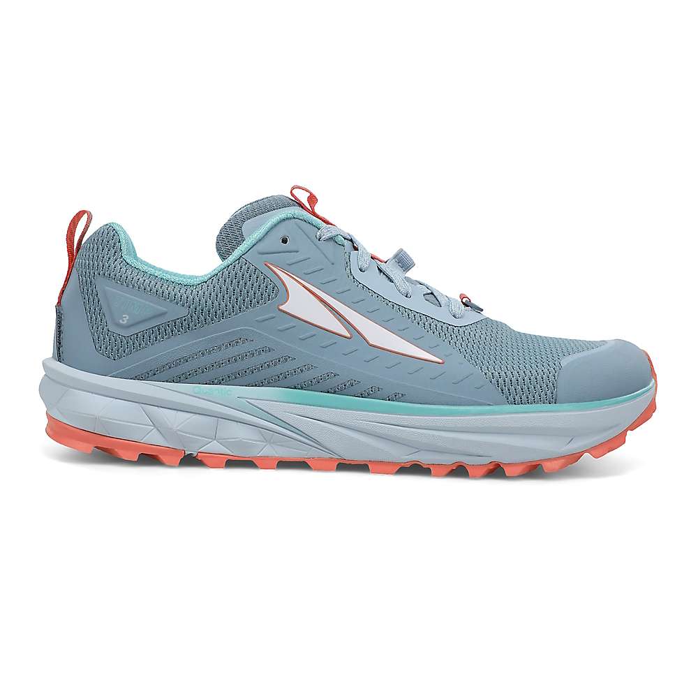 Side view on white background of Womens Altra Timp 3 running shoe in Gray/Coral, Medium (Regular) width