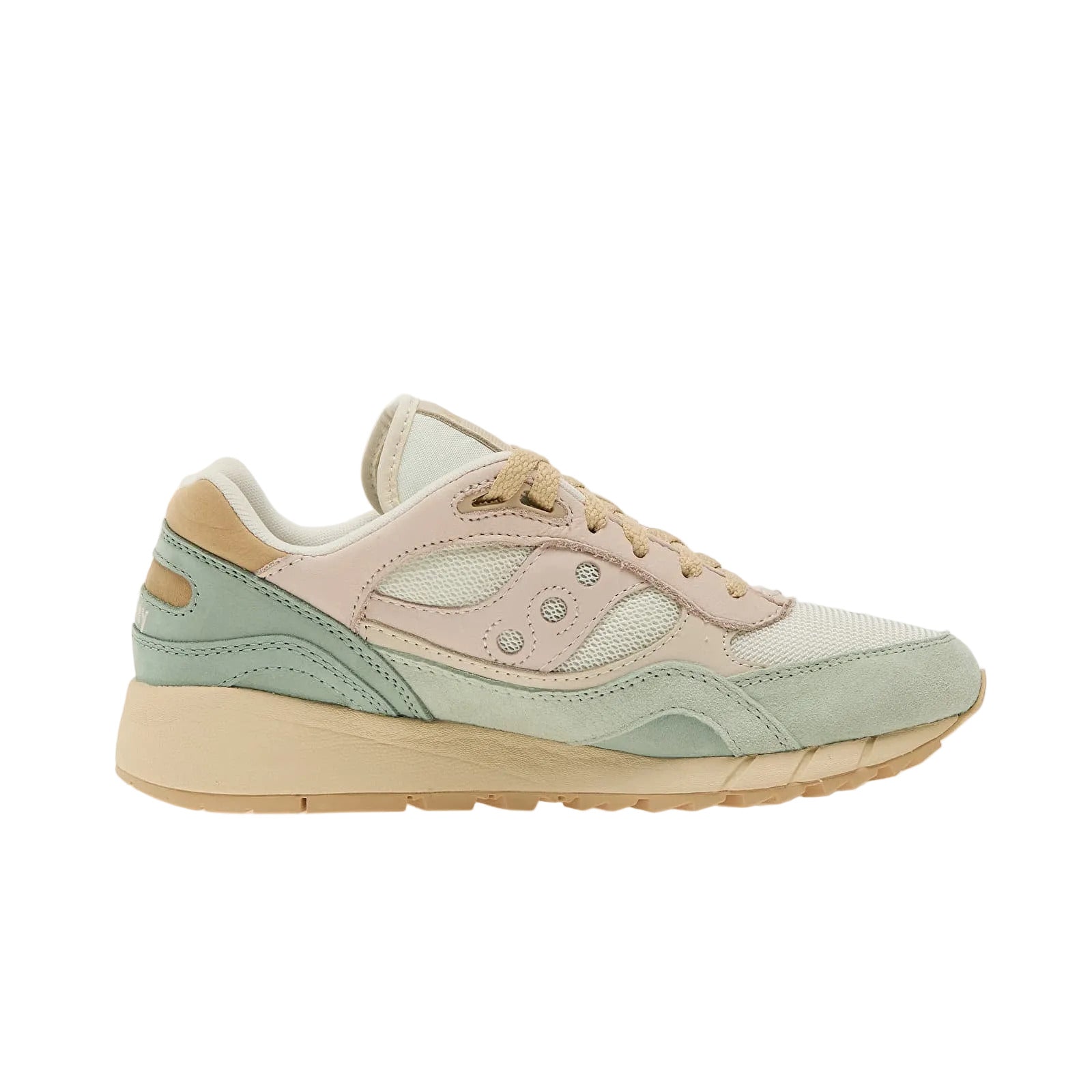 Side view on white background of Womens Saucony Shadow 6000 running shoe in Off White/Blue, Medium (Regular) width