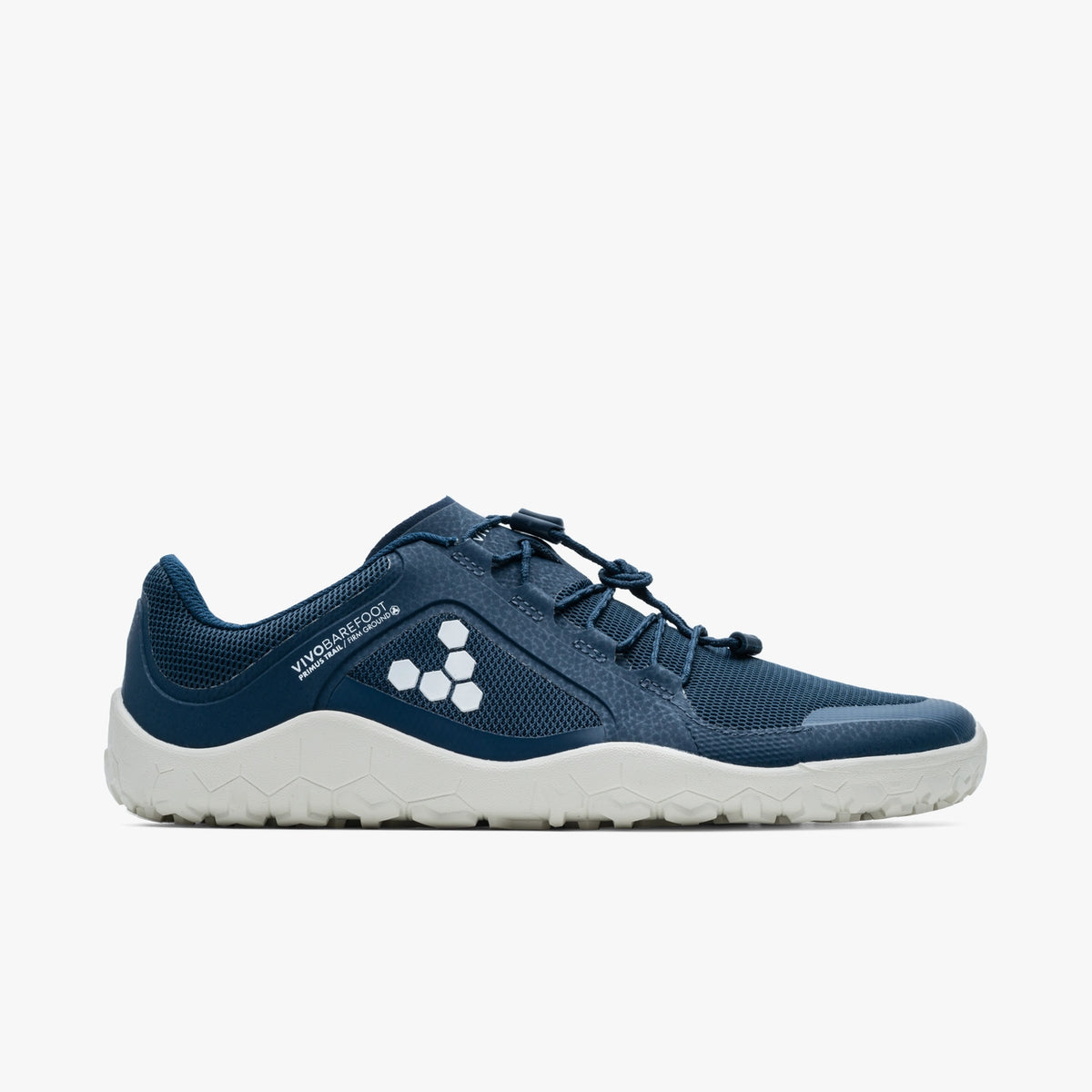 Side view on white background of Mens Vivobarefoot Primus Trail II FG running shoe in Insiginia Blue, Medium (Regular) width