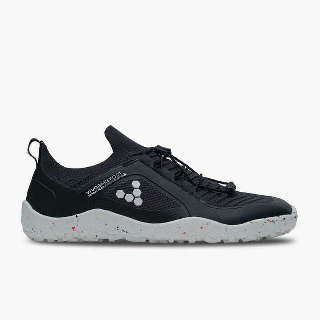 Side view on white background of Mens Vivobarefoot Primus Trail Knit FG running shoe in Obsidian/White, Medium (Regular) width