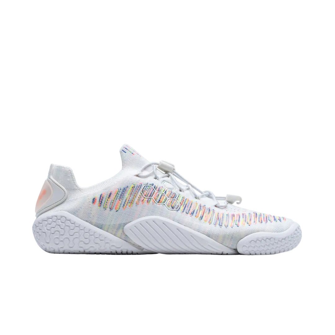Side view on white background of Mens Vivobarefoot Motus Flex running shoe in White Space Dye, Medium (Regular) width