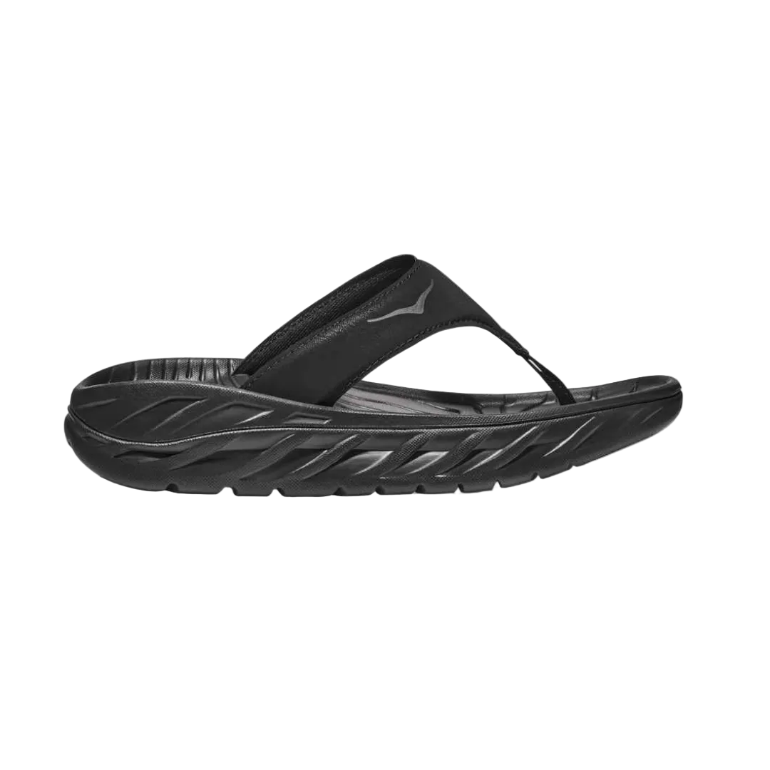 Side view on white background of Mens Hoka Ora Recovery Flip running shoe in Black/Dark Gull Gray, Medium (Regular) width