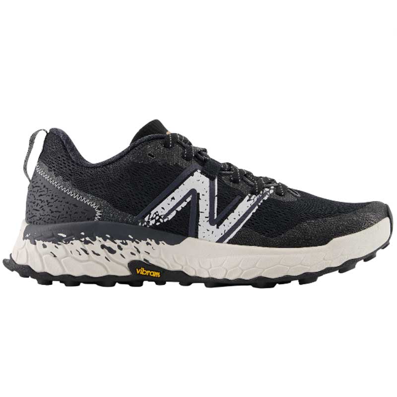 Side view on white background of Mens New Balance Fresh Foam X Hierro V7 running shoe in Black/Reflection, Medium (Regular) width