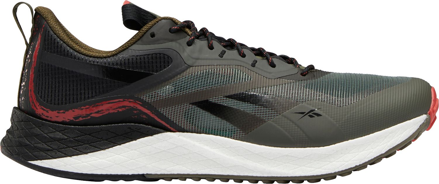 Side view on white background of Mens Reebok Floatride Energy running shoe in Army Green/Black/White, Medium (Regular) width