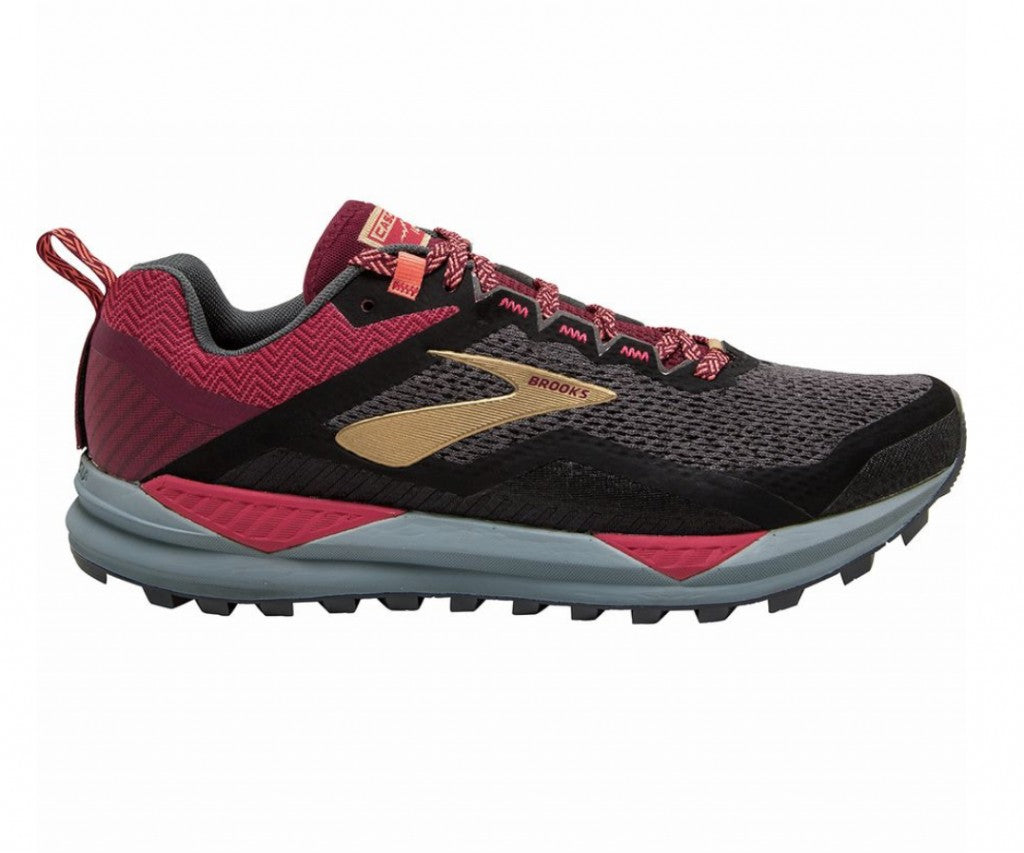 Side view on white background of Womens Brooks Cascadia 14 running shoe in Black/Rumba Red/Coral, Medium (Regular) width