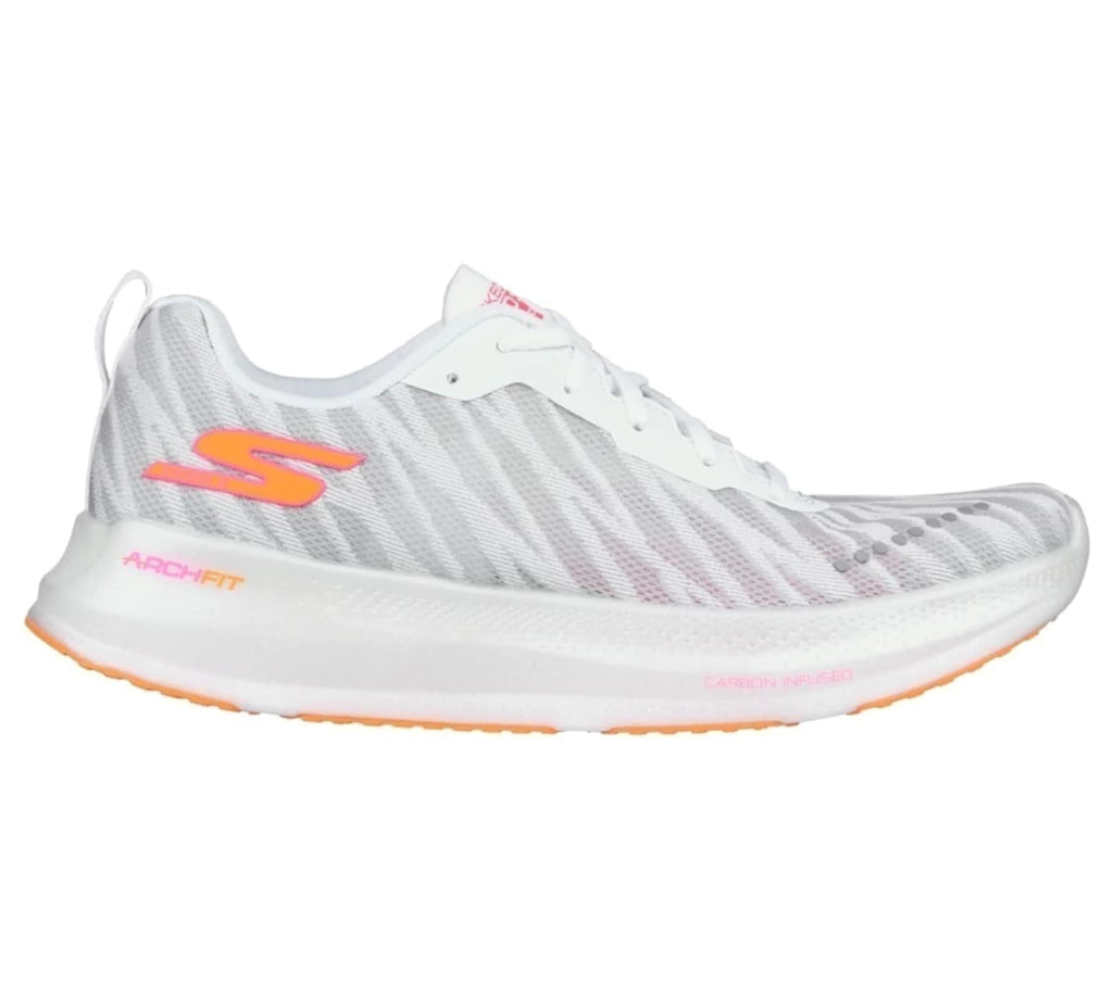 Side view on white background of Womens Skechers Go Run Razor running shoe in White/Orange, Medium (Regular) width