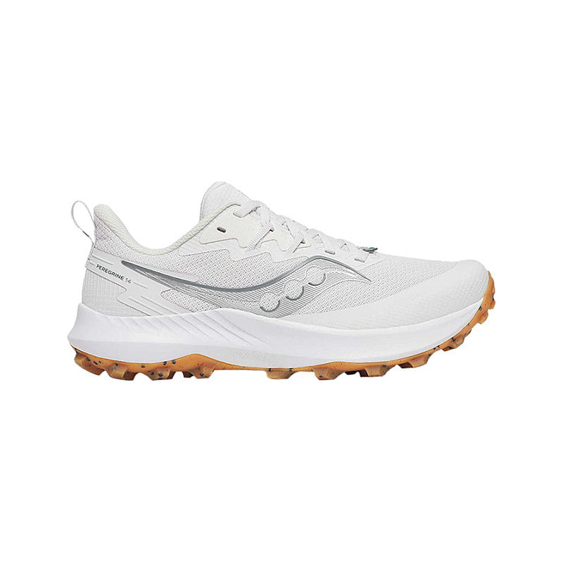 Side view on white background of Mens Saucony Peregrine 14 running shoe in Fog/Gum, Medium (Regular) width