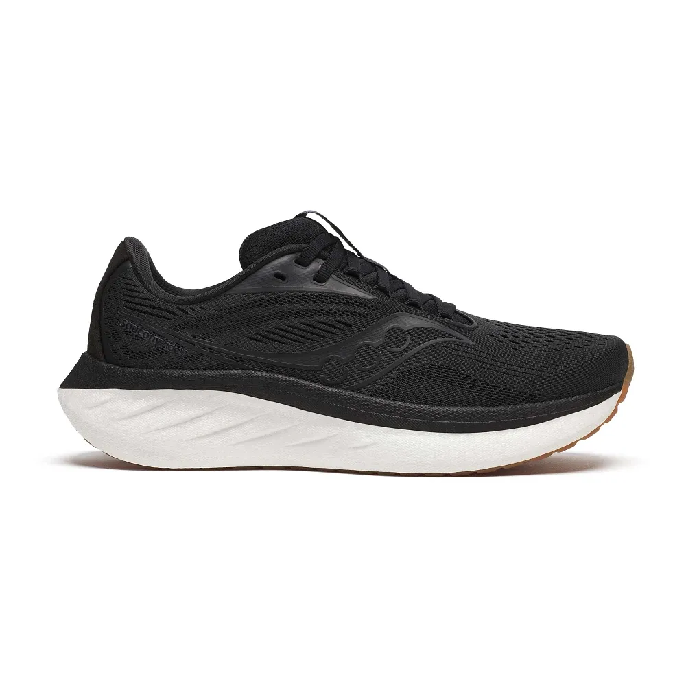 Side view on white background of Mens Saucony Ride 18 running shoe in Black/Gum, Medium (Regular) width