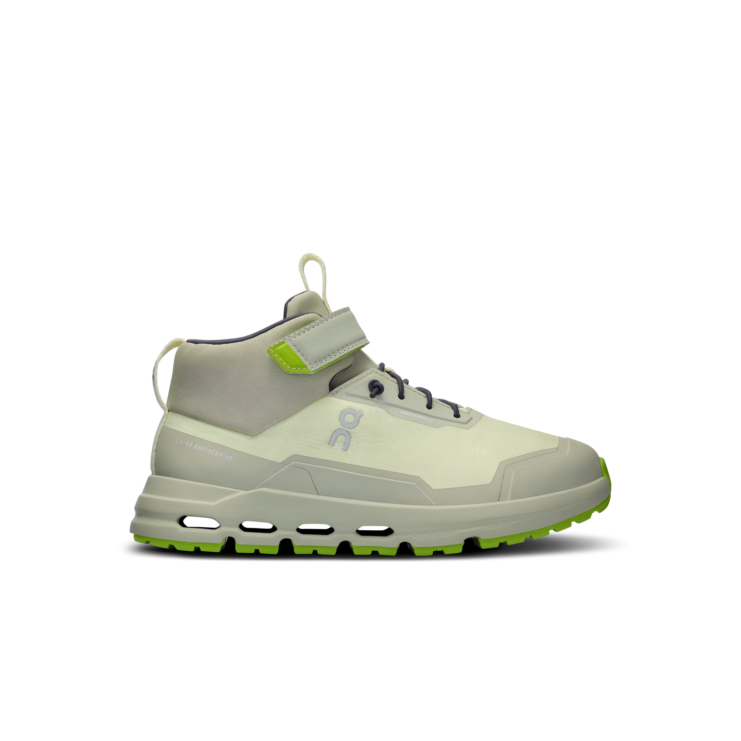 Side view on white background of Kids On shoe in Seedling/Chalk, Medium (Regular) width