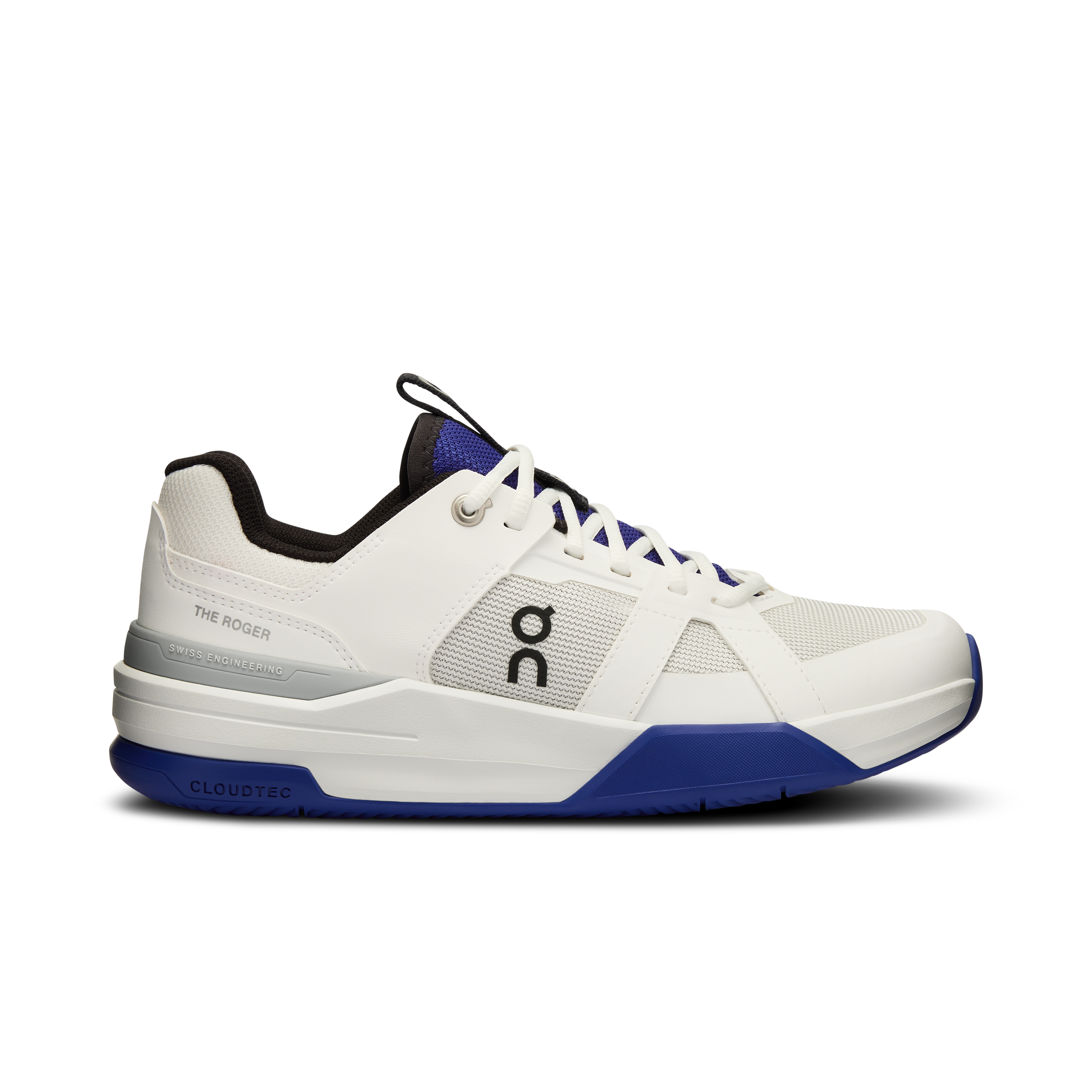 Side view on white background of Youth On shoe in White/Indigo, Medium (Regular) width