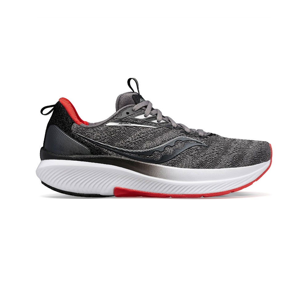 Side view on white background of Mens Saucony Echelon 9 running shoe in Charocal/Redsky, Medium (Regular) width