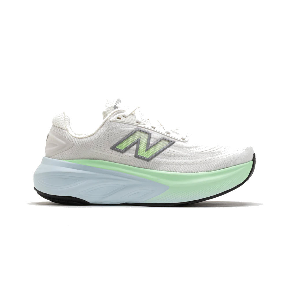 Side view on white background of Mens New Balance Fresh Foam X More v6 running shoe in Sea Salt/Lab Green/Frosted Glass, Wide width