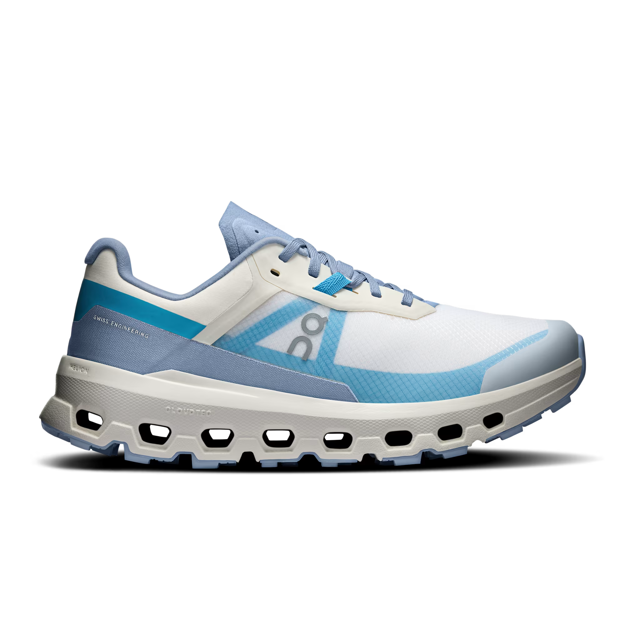 Side view on white background of Womens On Cloudvista 2 running shoe in Cream/Horizon, Medium (Regular) width