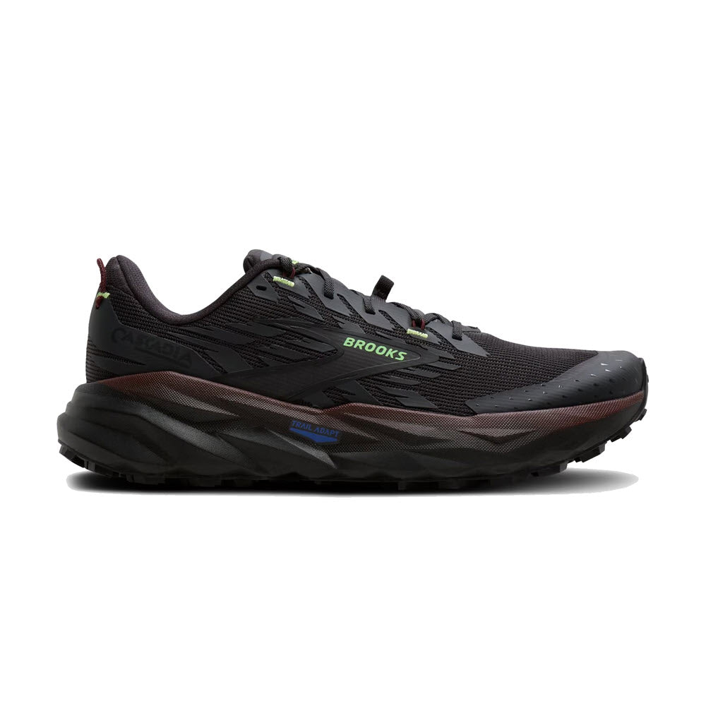 Side view on white background of Mens Brooks Cascadia 19 running shoe in Phantom/Rum Raisin/Green, Medium (Regular) width