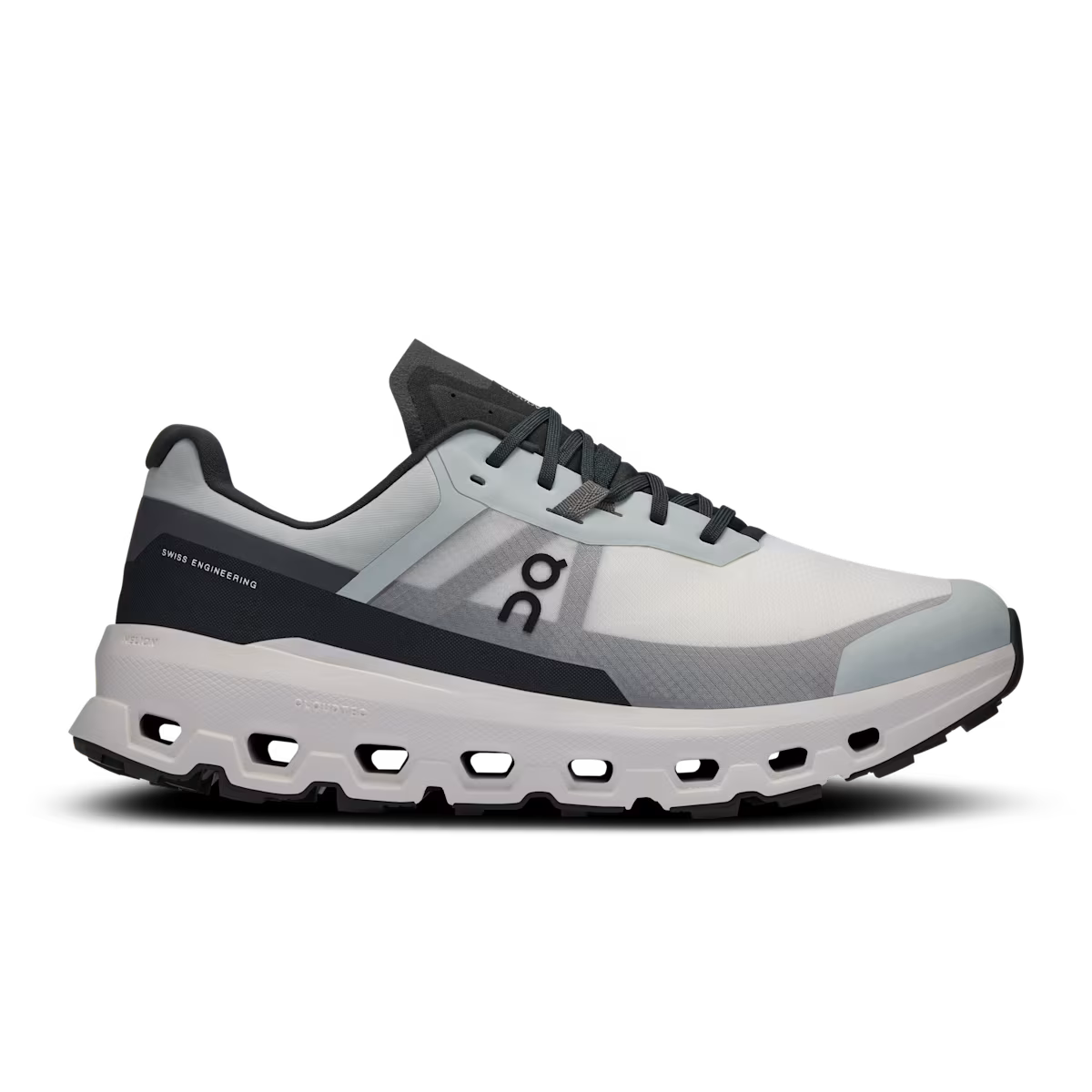 Side view on white background of Mens On Cloudvista 2 running shoe in Glacier/Eclipse, Medium (Regular) width