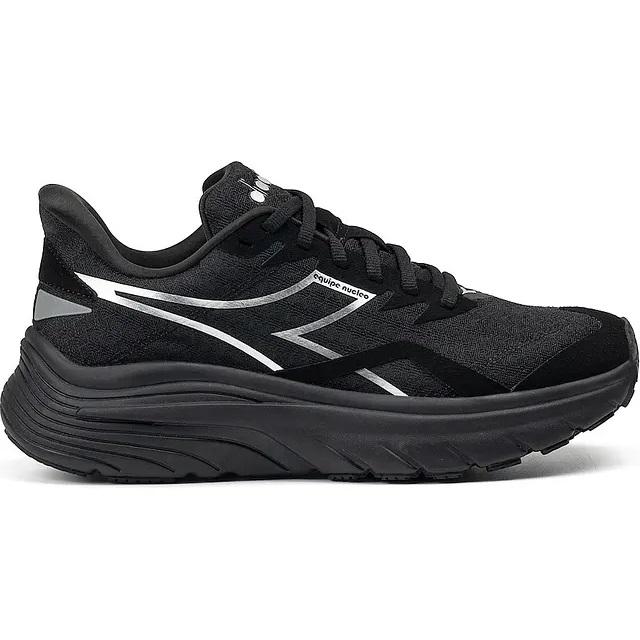 Side view on white background of Womens Diadora Equipe Nucleo running shoe in Black, Medium (Regular) width