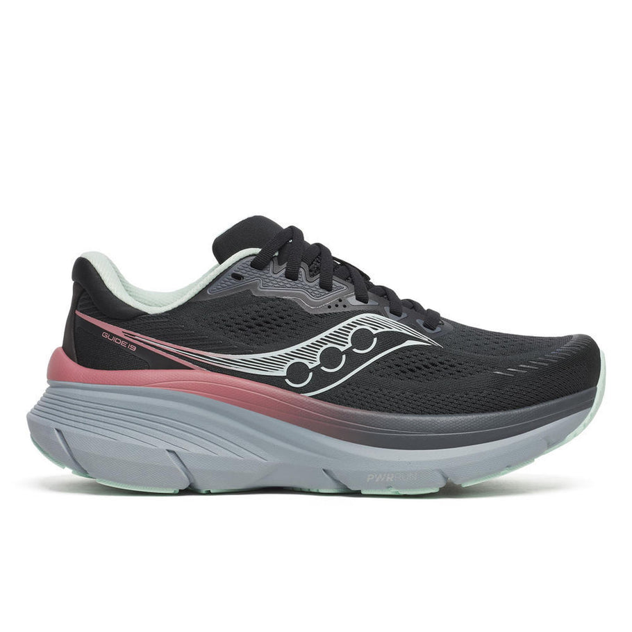 Side view on white background of Womens Saucony Guide 19 running shoe in Black/Calm, Medium (Regular) width