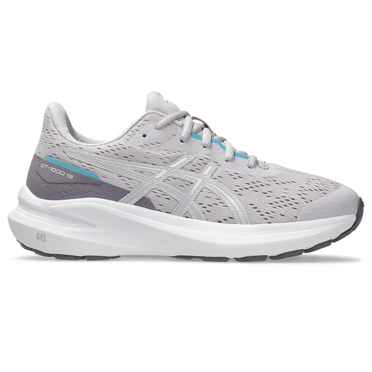 Side view on white background of Kids Asics GT-1000 13 GS running shoe in Dusk Violet/White, Medium (Regular) width