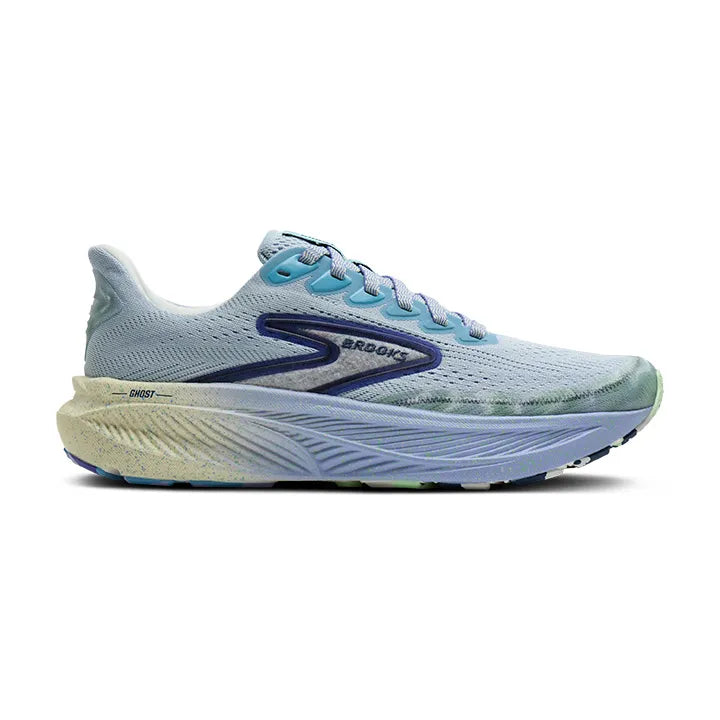 Side view on white background of Mens Brooks Ghost 17 running shoe in Kentucky/Blue/Lavender, Medium (Regular) width