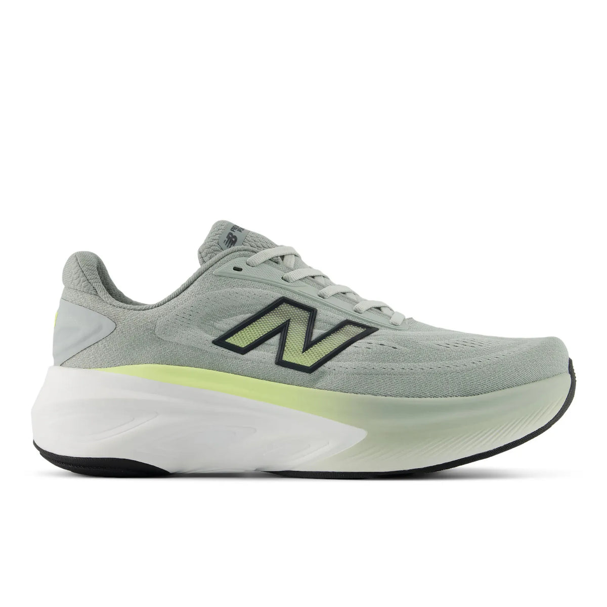 Side view on white background of Mens New Balance Fresh Foam X More v6 running shoe in Lone Star Grey/Fennel Seed, Extra Wide width