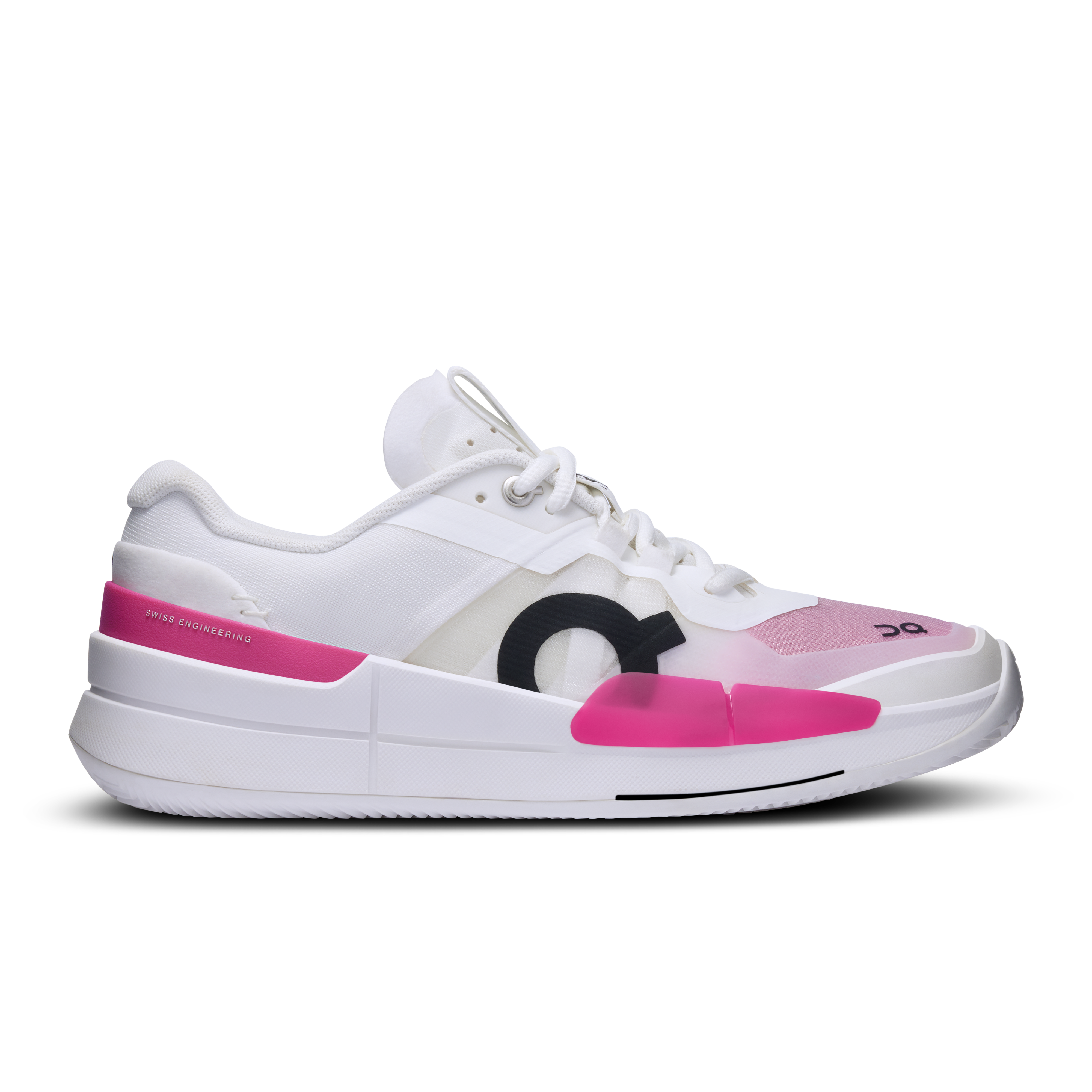 Side view on white background of Womens On The Roger Pro 2 running shoe in White/Pink, Medium (Regular) width