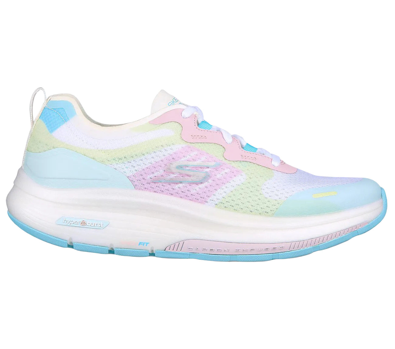 Side view on white background of Womens Skechers Go Walk running shoe in White/Multi, Medium (Regular) width