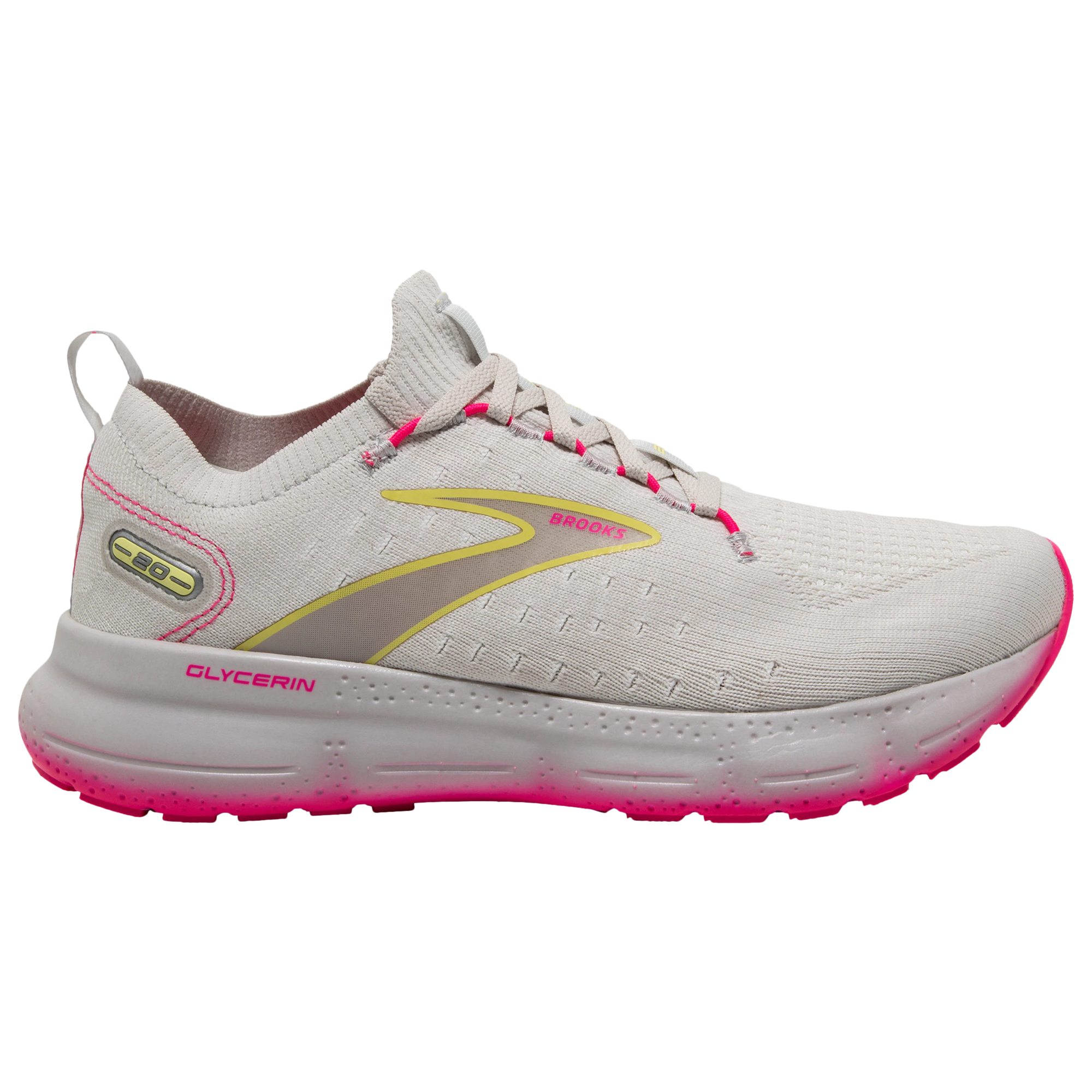 Women's Brooks Glycerin StealthFit 20, Grey/Yellow/Pink, 8.5 B Medium