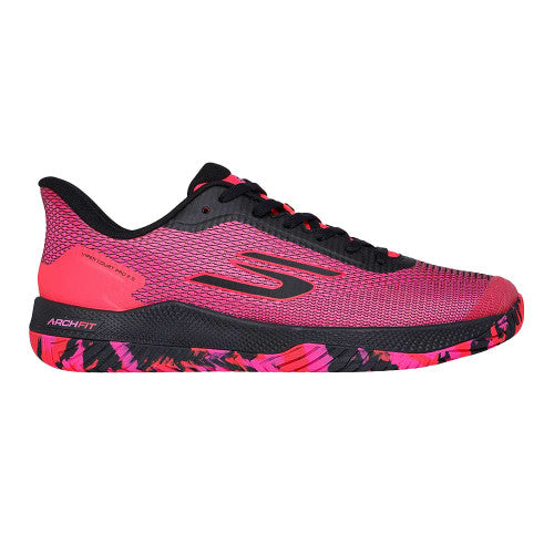 Side view on white background of Mens Skechers Viper Court 2.0 running shoe in Black/Hot Pink, Medium (Regular) width