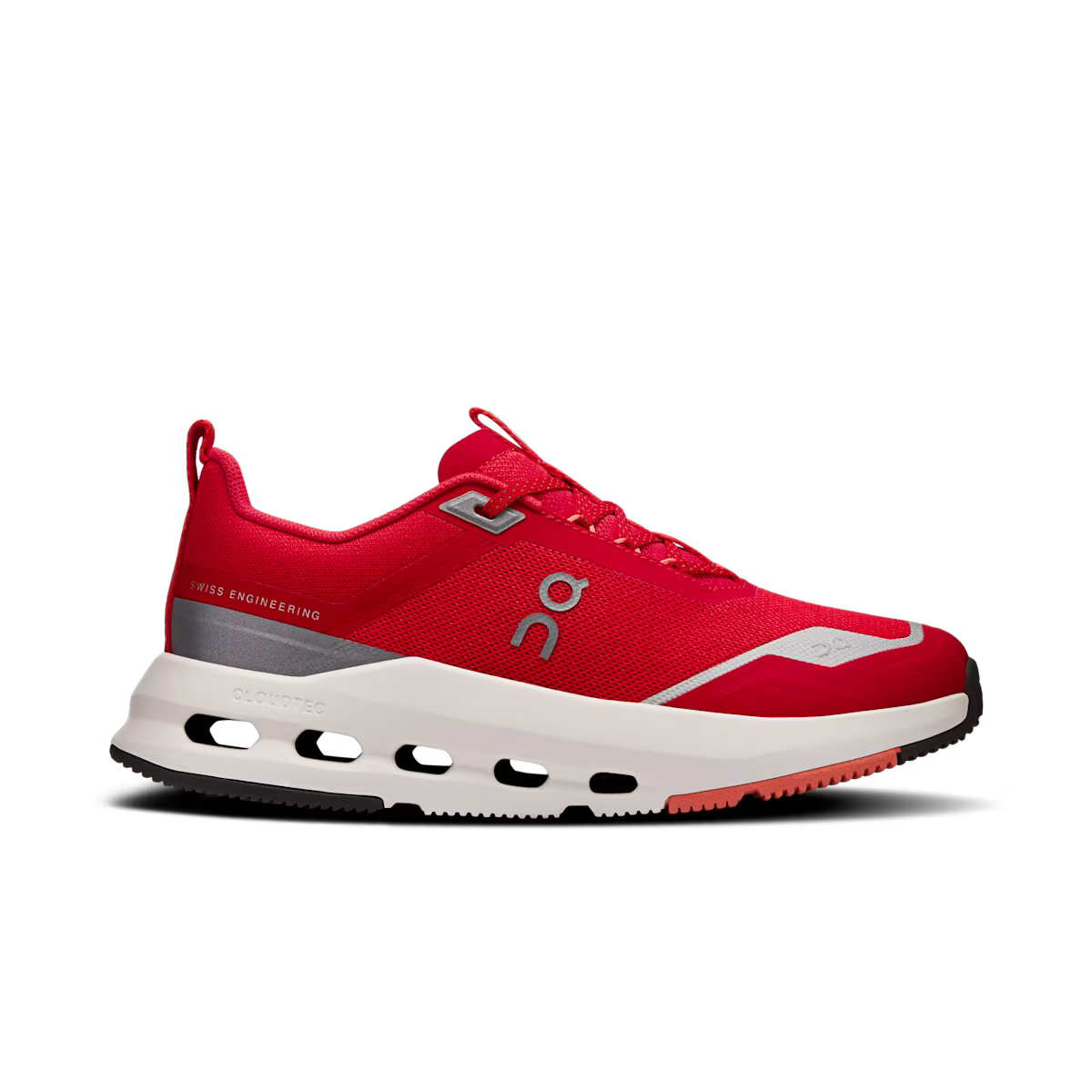 Side view on white background of Youth On Cloudnova running shoe in Red/Terra, Medium (Regular) width