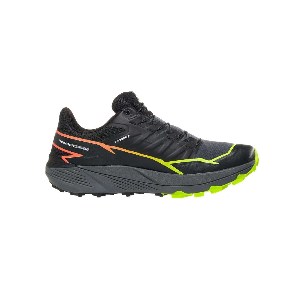 Side view on white background of Mens Salomon Thundercross running shoe in Black/Quiet Shade/Fiery Coral, Medium (Regular) width