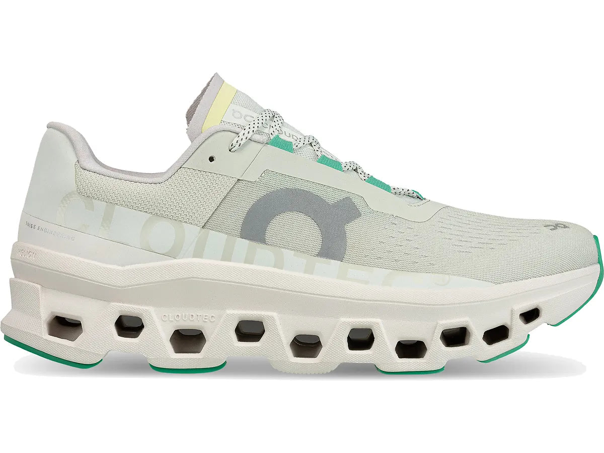 Side view on white background of Mens On Cloudmonster running shoe in Aloe, Medium (Regular) width