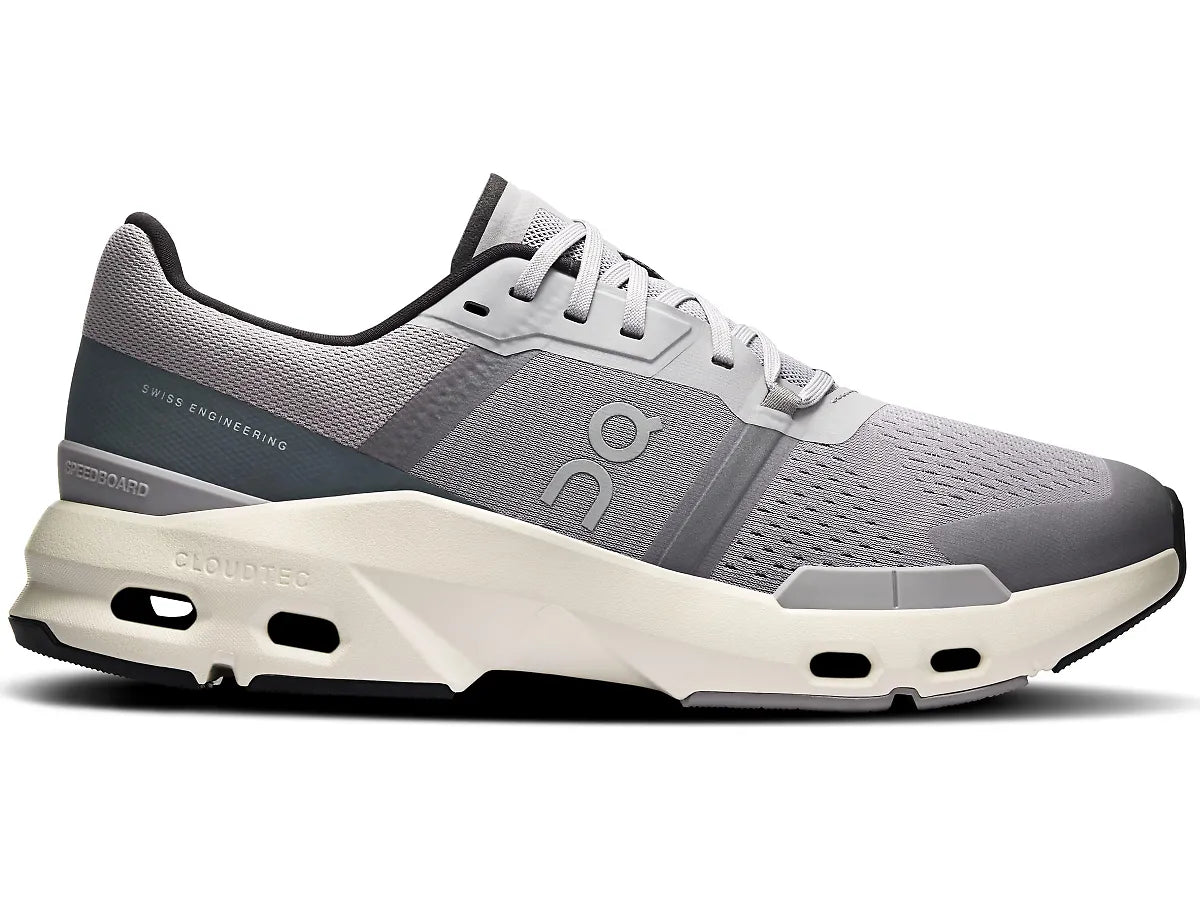 Side view on white background of Mens On Cloudpulse running shoe in Alloy/Black, Medium (Regular) width