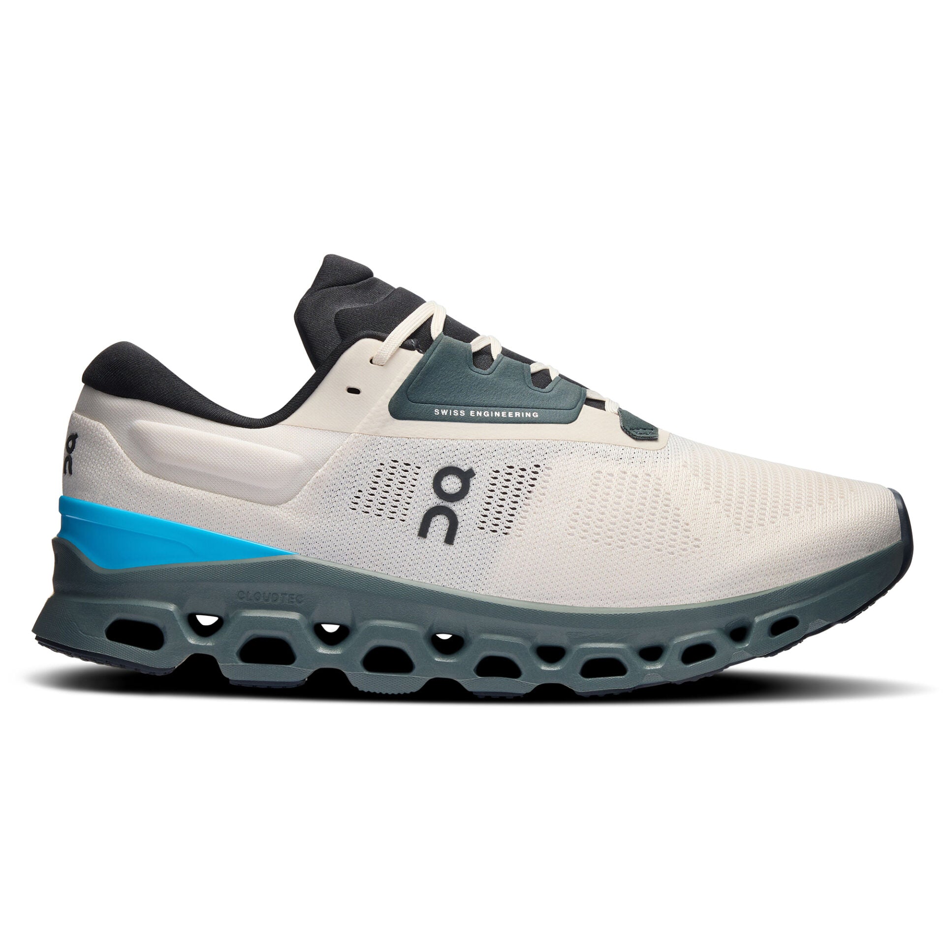 Side view on white background of Mens On Cloudstratus 3 running shoe in Cream/Horizon, Medium (Regular) width