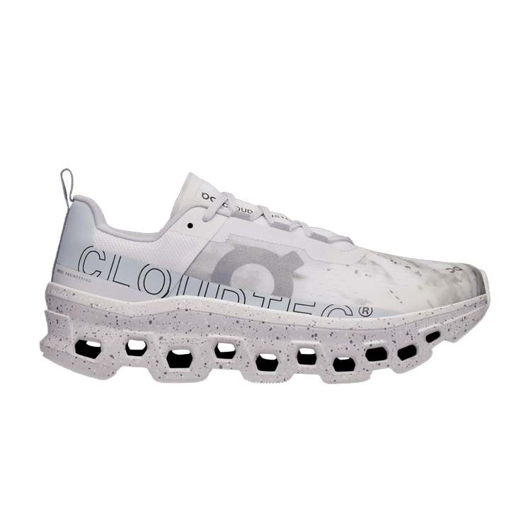Side view on white background of Mens On Cloudmonster NYC running shoe in Frost/Glacier, Medium (Regular) width