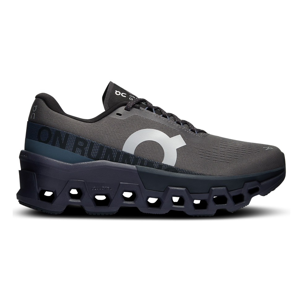 Side view on white background of Mens On Cloudmonster 2 running shoe in Asphalt/Iron, Medium (Regular) width