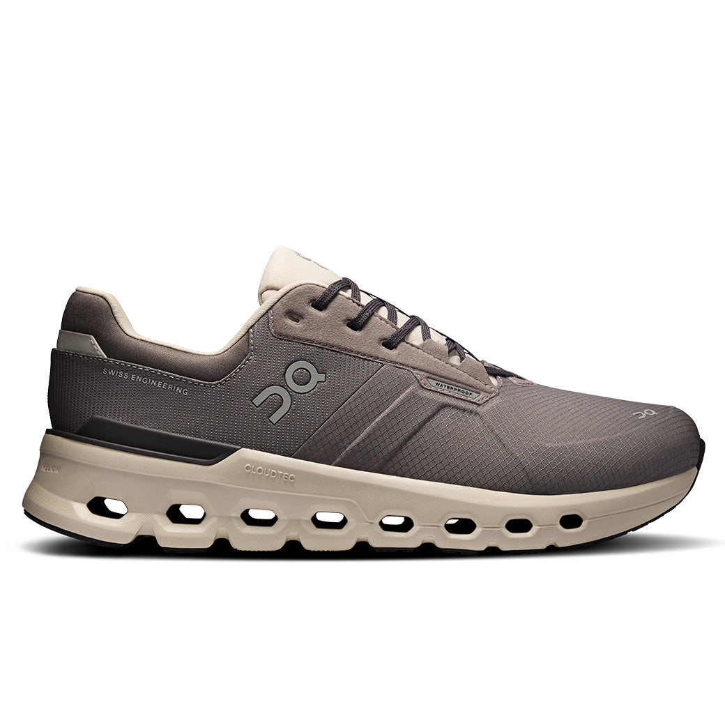 Side view on white background of Mens On Cloudrunner 2 Waterproof running shoe in Eclipse/Eclipse, Medium (Regular) width