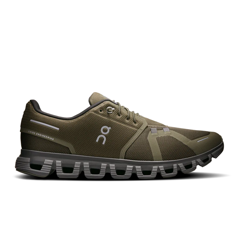 Side view on white background of Mens On Cloud 6 running shoe in Olive/Eclipse, Medium (Regular) width