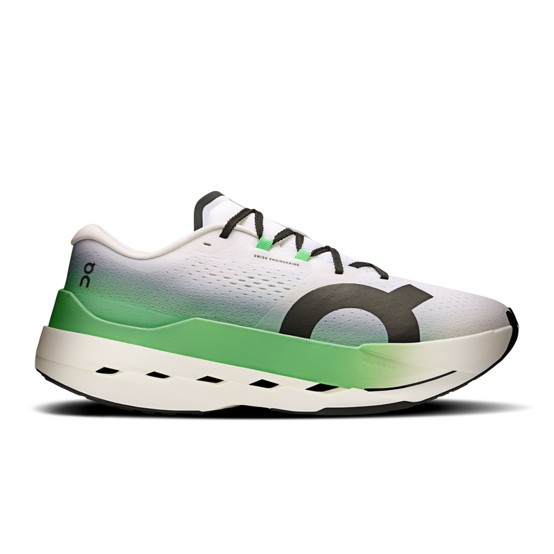 Side view on white background of Mens On Cloudboom Max running shoe in Honeydrew/Lilac, Medium (Regular) width
