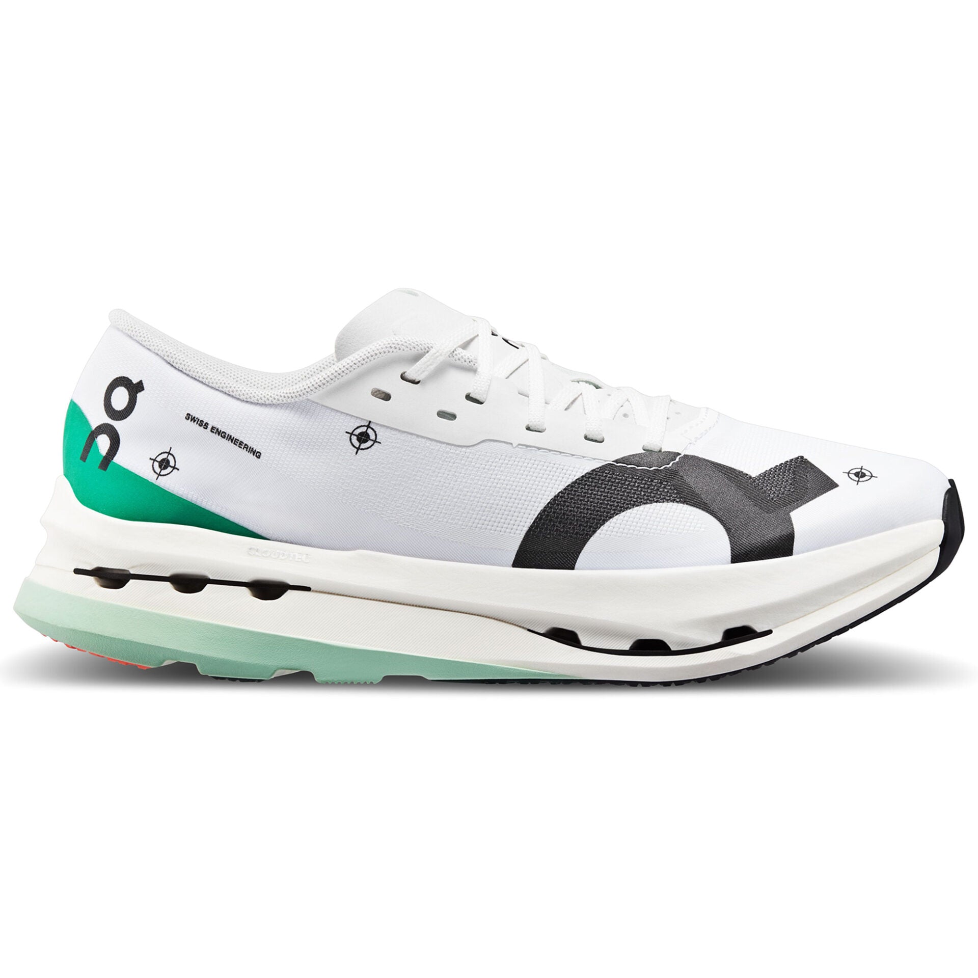 Side view on white background of Mens On Cloudboom Echo 3 running shoe in Undyed-White/Mint, Medium (Regular) width