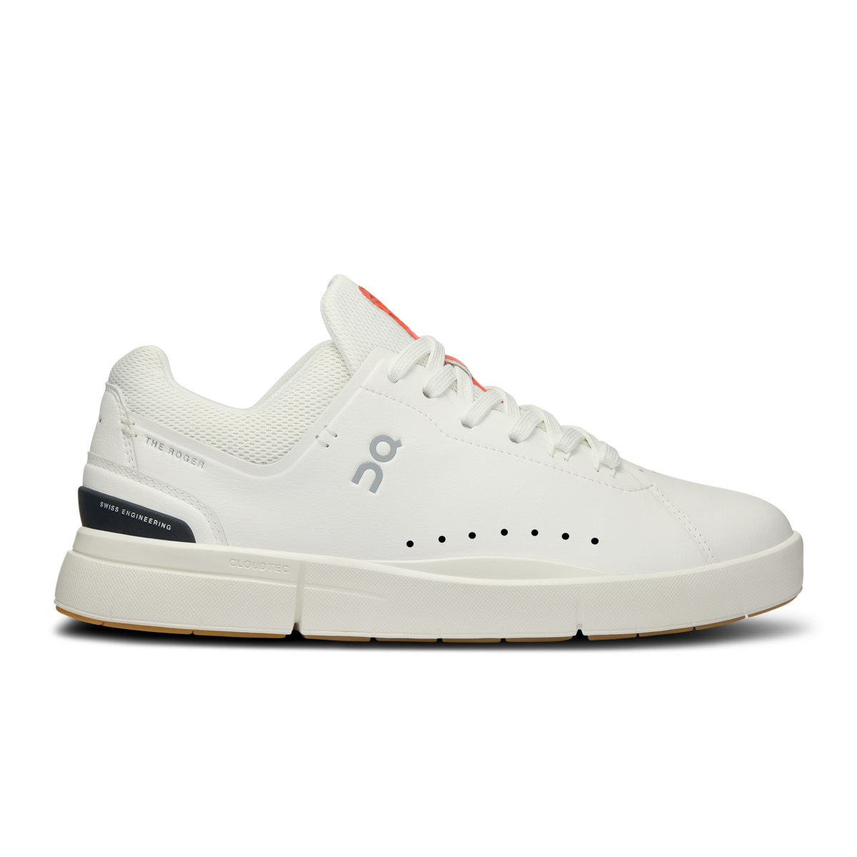 Side view on white background of Mens On The Roger Advantage 2 running shoe in White/Spice, Medium (Regular) width