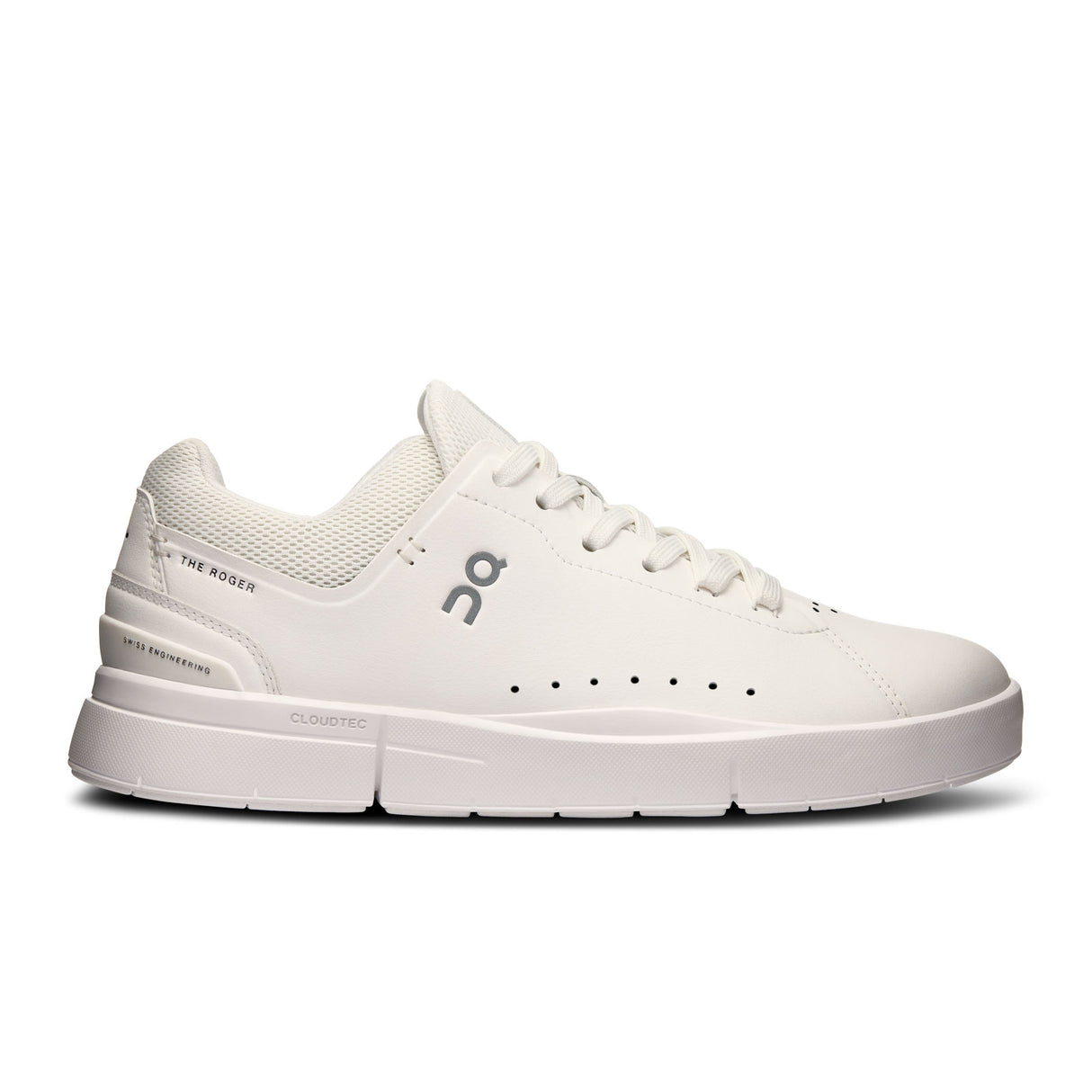 Side view on white background of Mens On The Roger Advantage 2 running shoe in White/Undyed, Medium (Regular) width